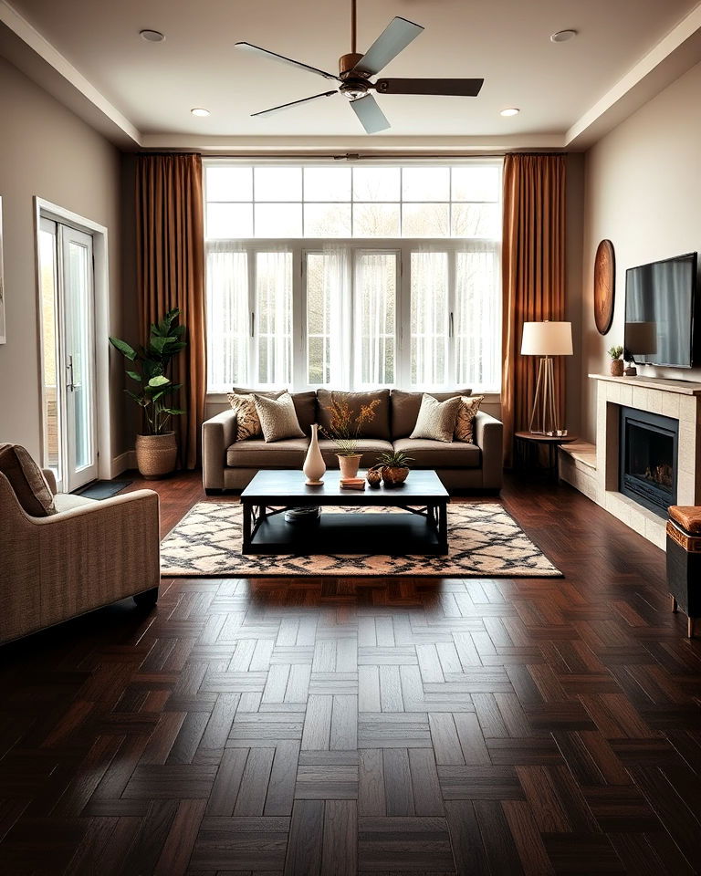 living room with dark brown rubber flooring - 30 Dark Brown Floor Living Room Ideas