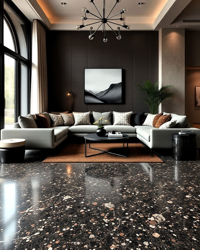 living room with dark brown terrazzo floor - 30 Dark Brown Floor Living Room Ideas