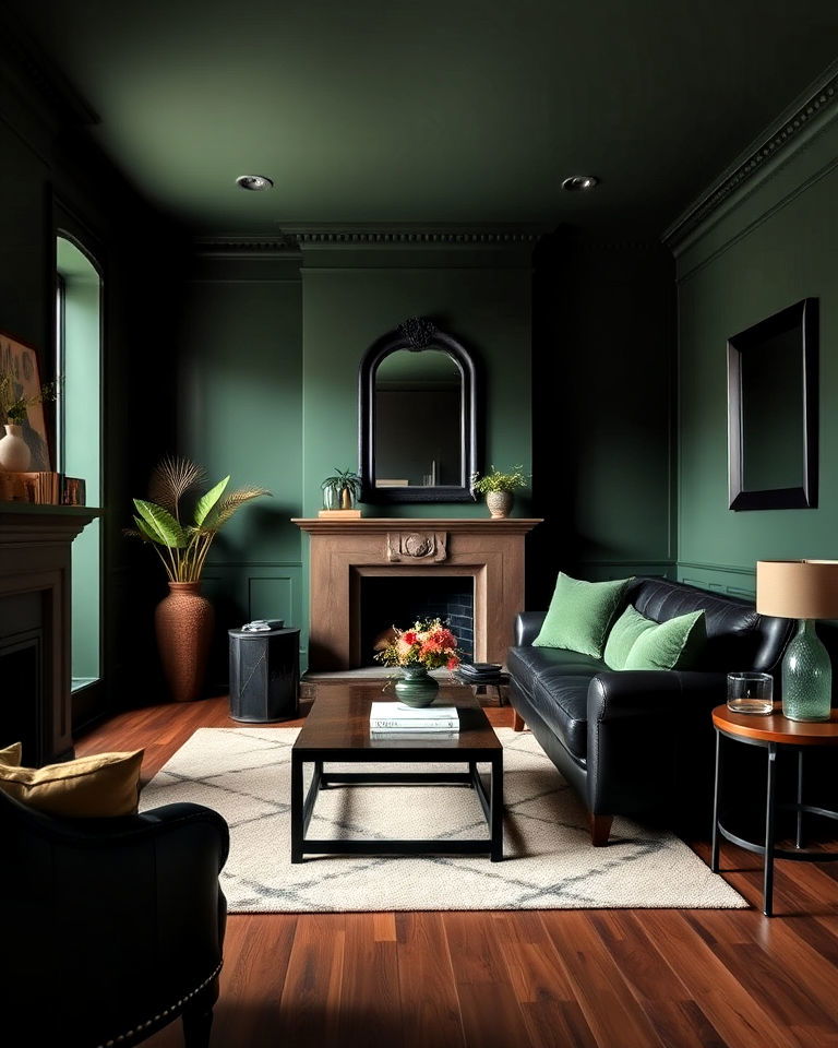 living room with dark green walls and black seating - 30 Black and Green Living Room Ideas