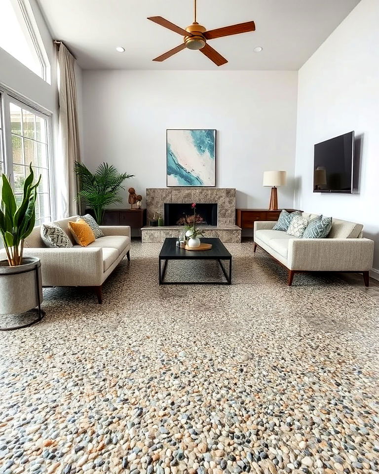 living room with exposed aggregate concrete floor - 20 Concrete Floor Living Room Ideas