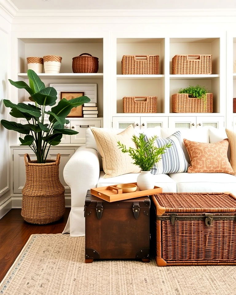 living room with functional storage solutions - 25 Joanna Gaines Living Room Ideas