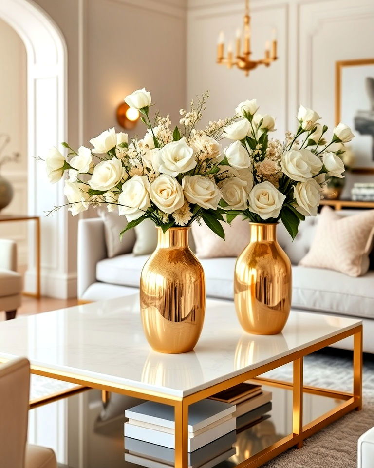 living room with gold vases and cream flowers - 20 Cream and Gold Living Room Ideas