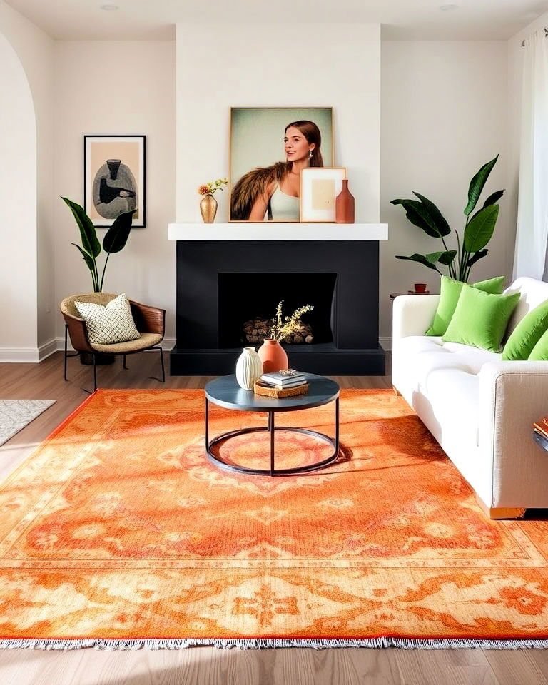 living room with green and terracotta statement rug - 20 Green and Terracotta Living Room Ideas