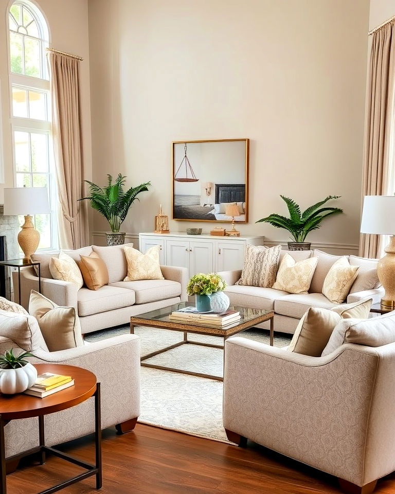 living room with greige upholstered furniture - 20 Greige Living Room Ideas