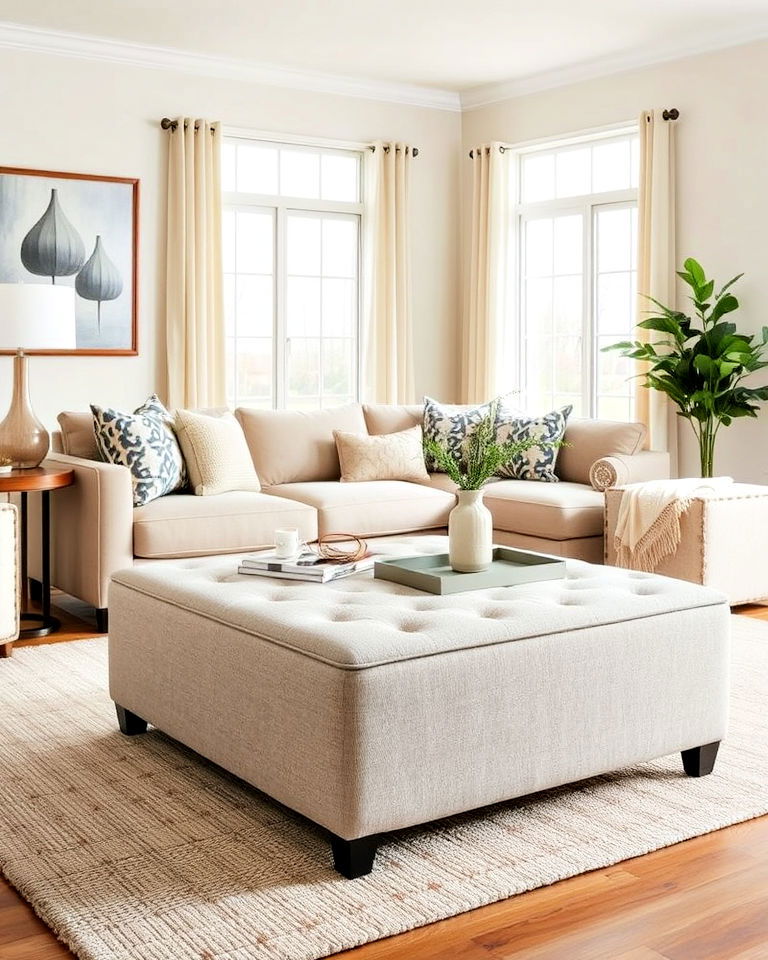 living room with greige upholstered ottoman - 20 Greige Living Room Ideas