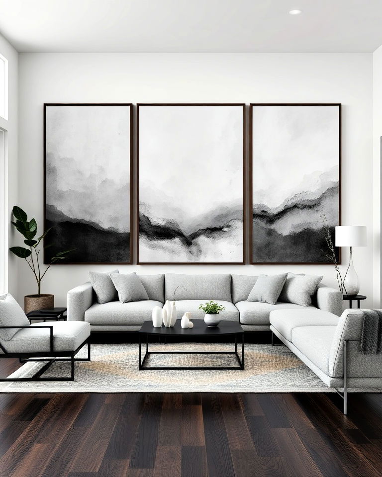 living room with grey artwork and dark wood floor - 20 Grey Living Room With Dark Wood Floors