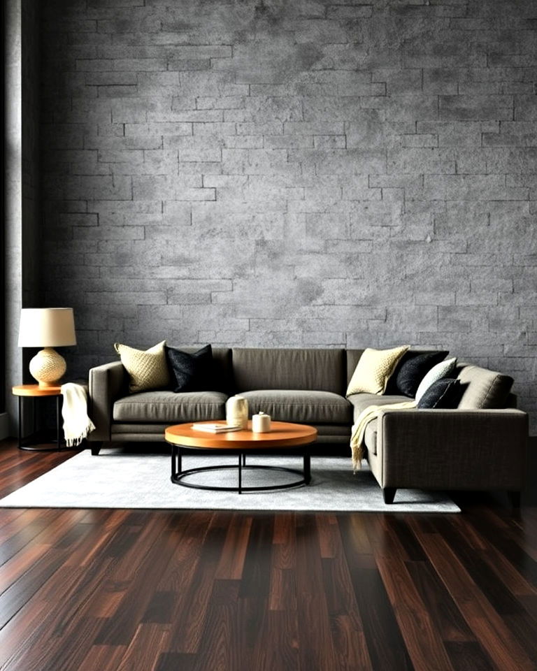 living room with grey textured wall and dark wood floor - 20 Grey Living Room With Dark Wood Floors