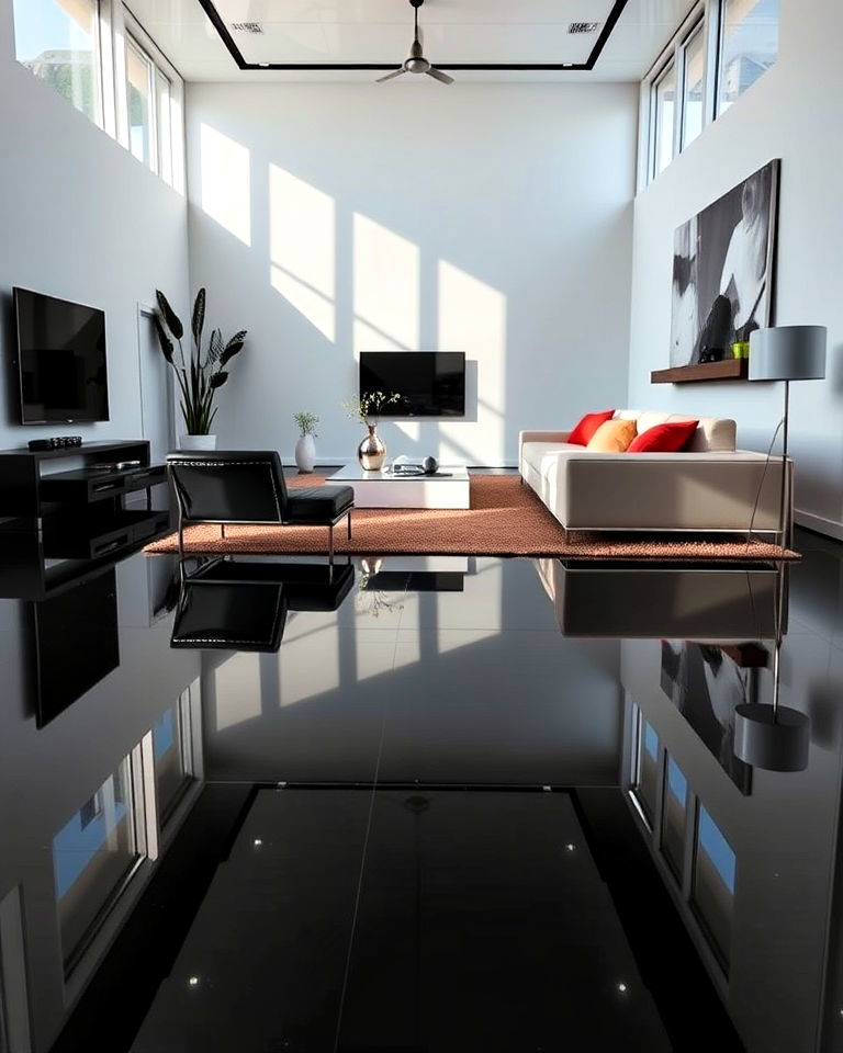 living room with high gloss black epoxy floor - 25 Black Floor Living Room Ideas