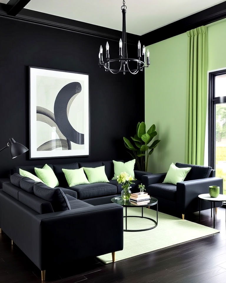 living room with light green accents and black base - 30 Black and Green Living Room Ideas