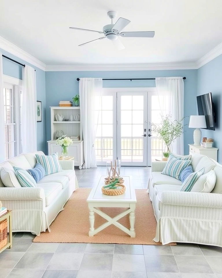 living room with light grey tile floors and soft blue walls - 20 Grey Floor Living Room With Blue Walls Ideas