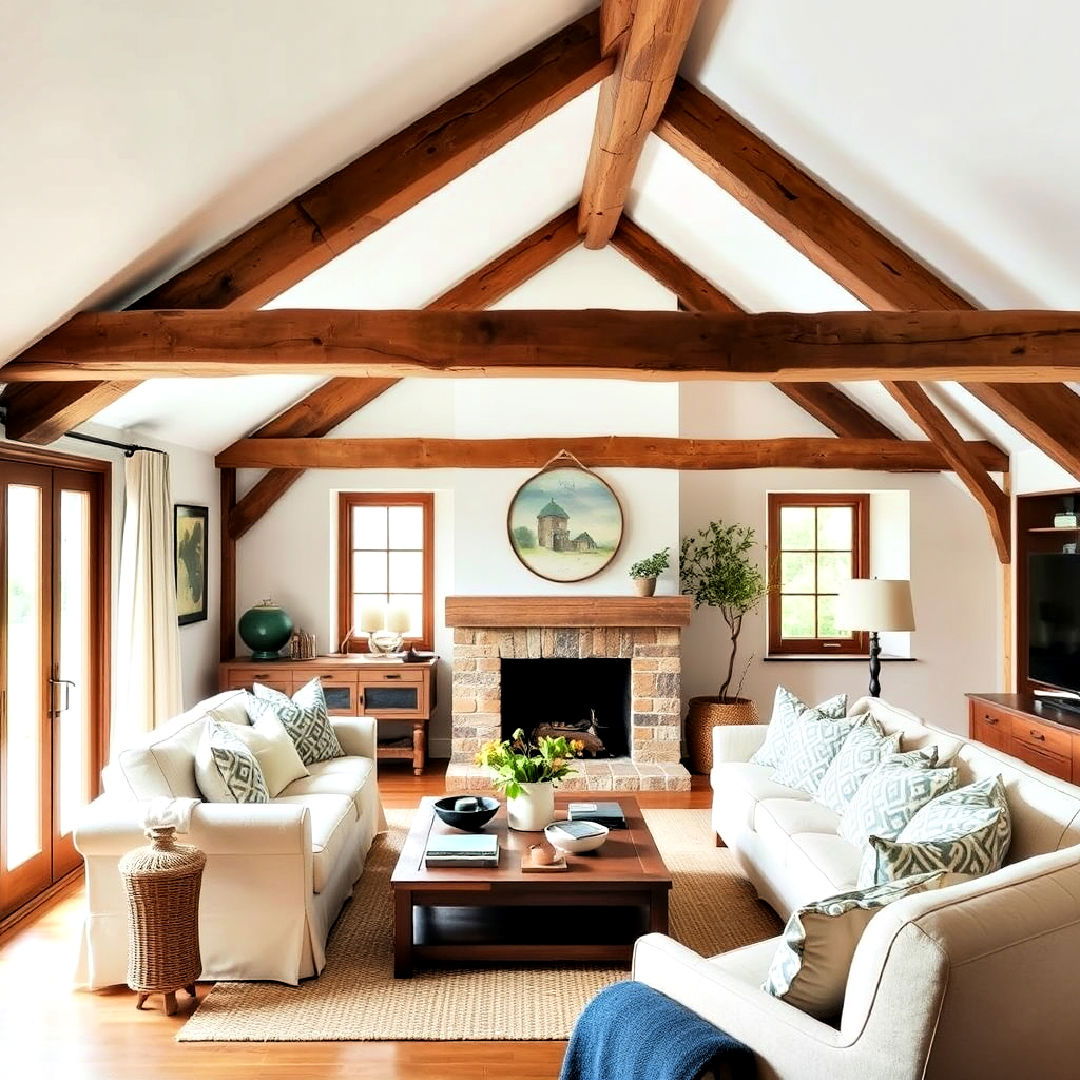 living room with lower ceilings exposed beams - 25 Exposed Beam Living Room Ideas