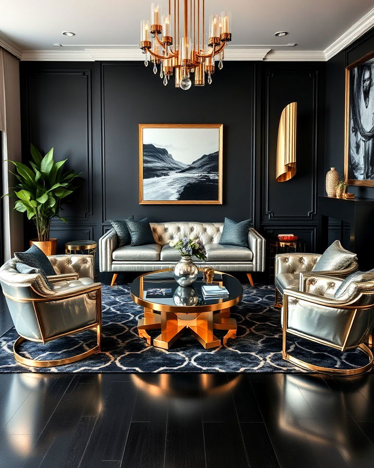 living room with metallic furniture and black floor - 25 Black Floor Living Room Ideas
