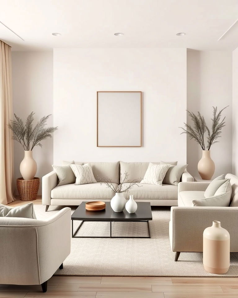 living room with minimalist greige decor - 20 Greige Living Room Ideas