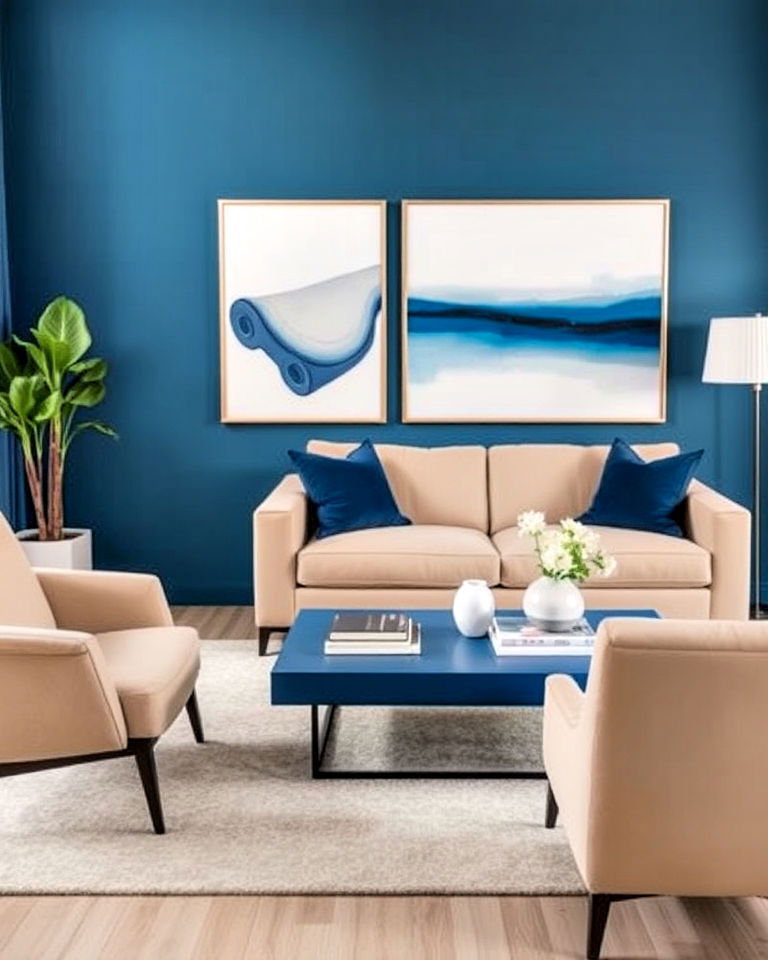 living room with modern blue and beige accents - 20 Blue and Beige Living Room Ideas