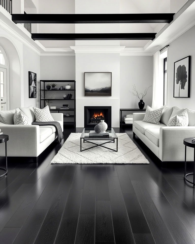 living room with monochromatic furniture and black floor - 25 Black Floor Living Room Ideas