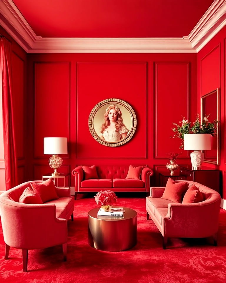 living room with monochromatic red design - 20 Red Carpet Living Room Ideas