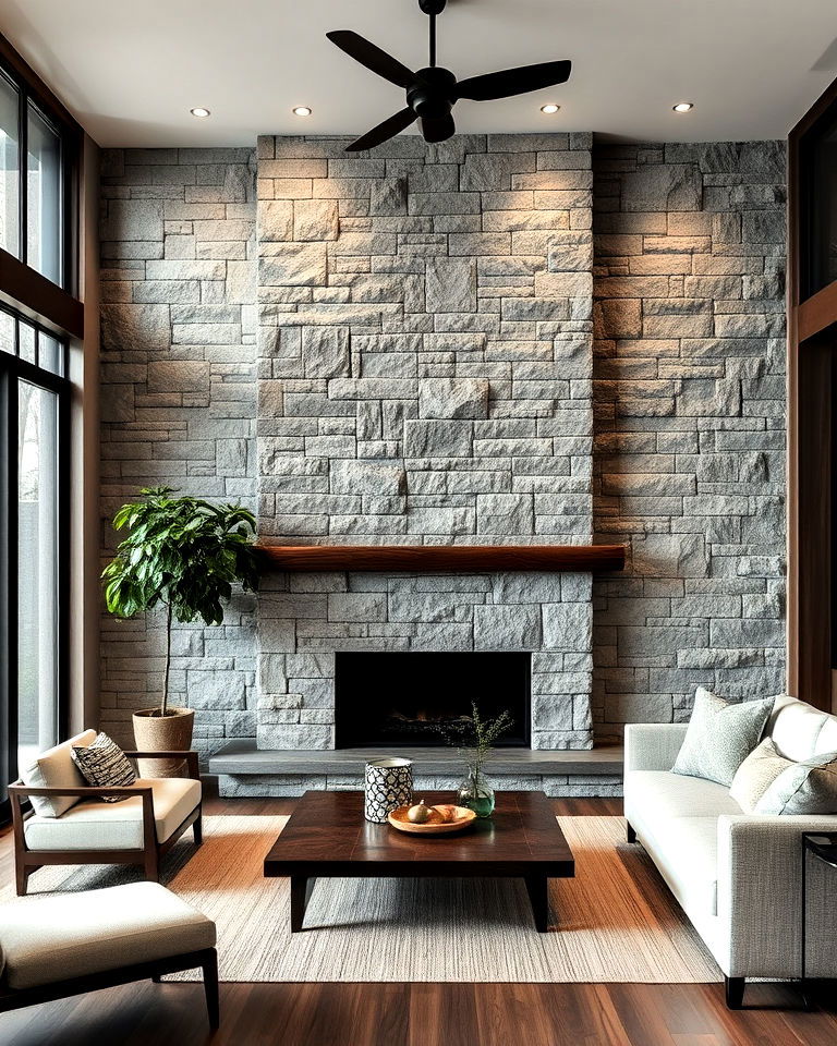 living room with natural stone accent wall - 25 Asian Living Room Ideas