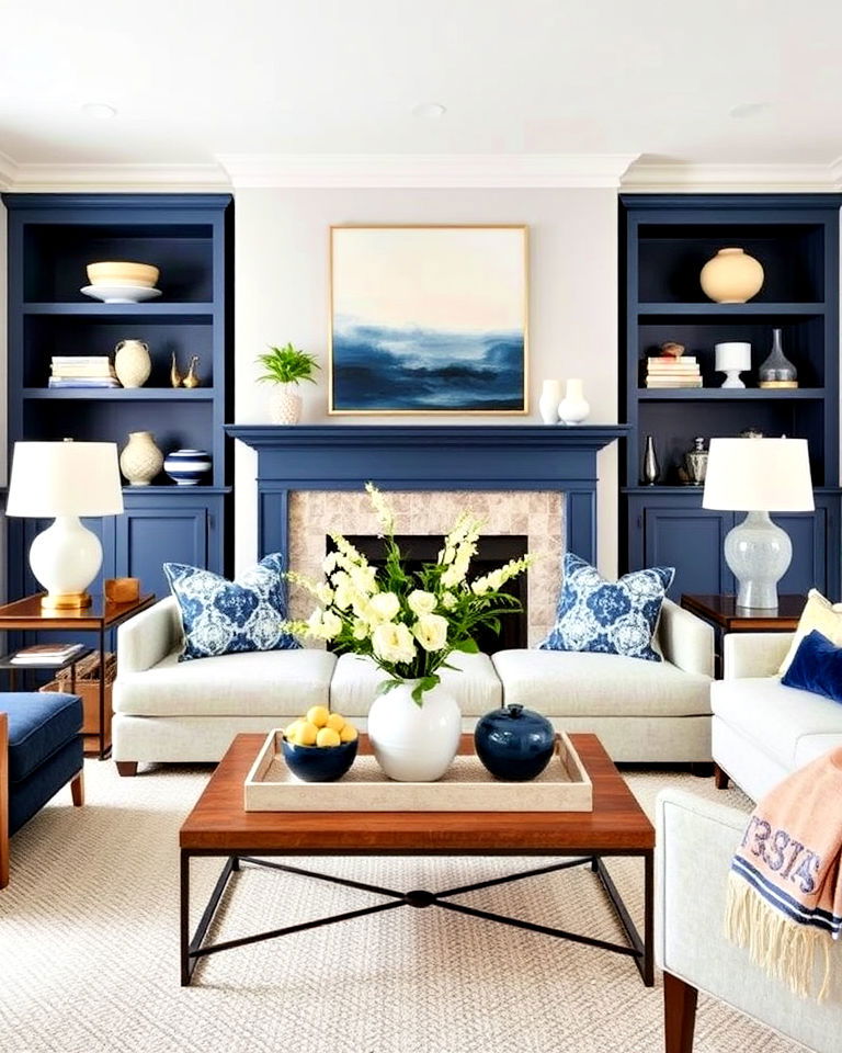 living room with navy and cream decorative accessories - 25 Navy and Cream Living Room Ideas