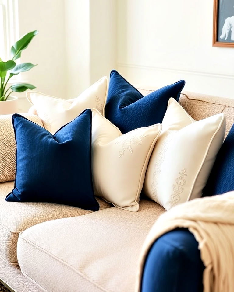 living room with navy and cream throw pillows - 25 Navy and Cream Living Room Ideas