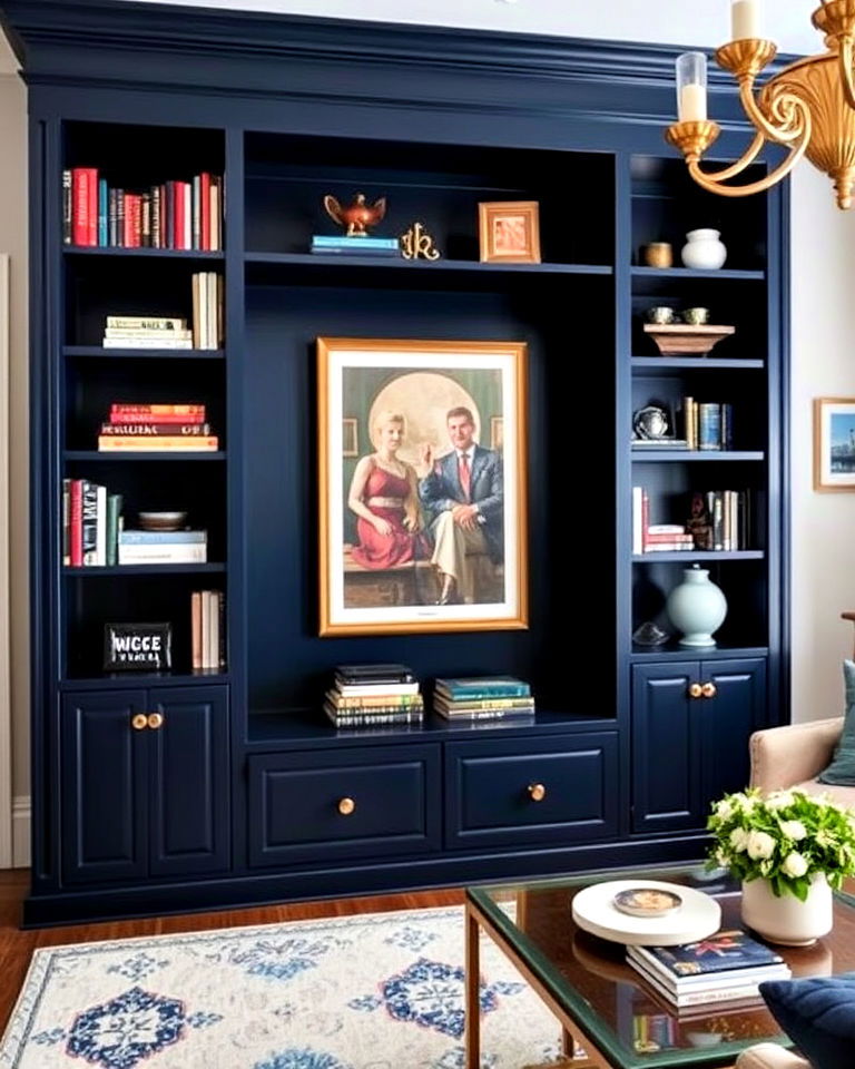 living room with navy blue built in shelving - 25 Navy Blue Living Room Ideas