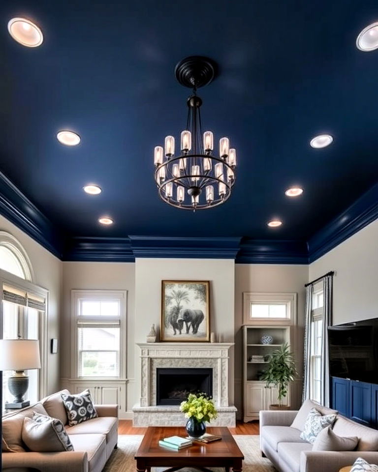 living room with navy blue ceiling - 25 Navy Blue Living Room Ideas