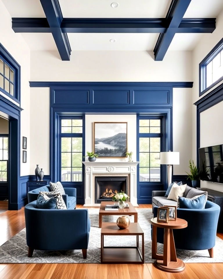 living room with navy blue painted trim - 25 Navy Blue Living Room Ideas