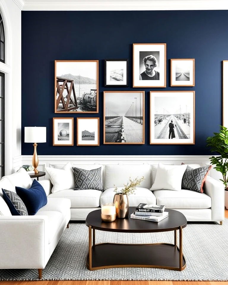 living room with navy blue sectional sofa - 25 Navy Blue Living Room Ideas