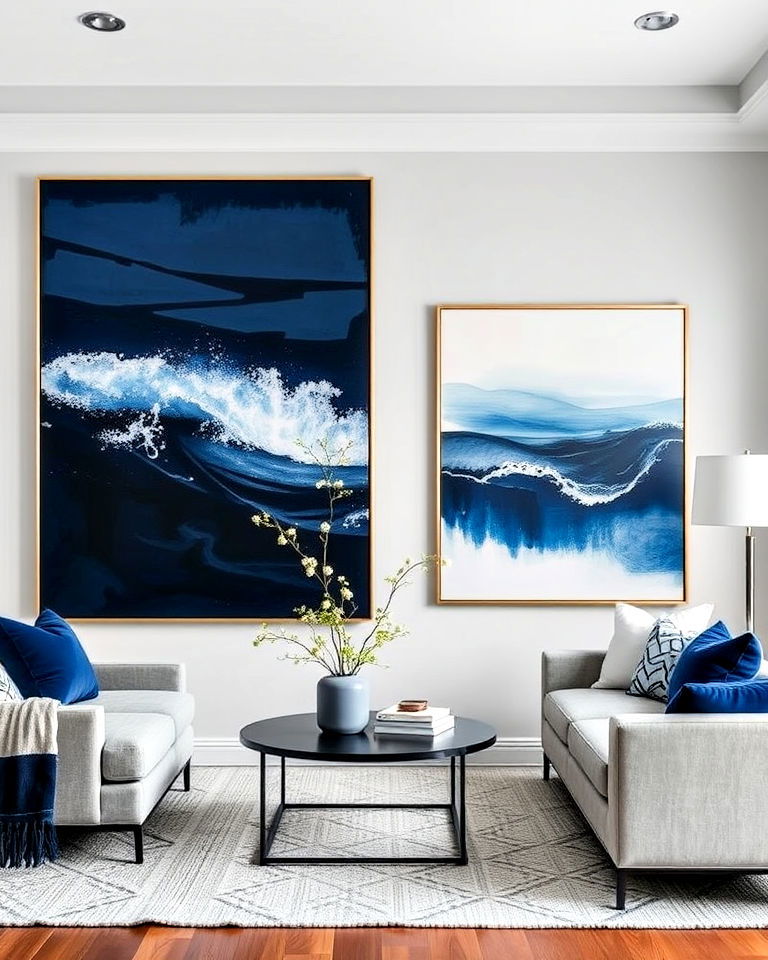 living room with navy blue statement art - 25 Navy Blue Living Room Ideas