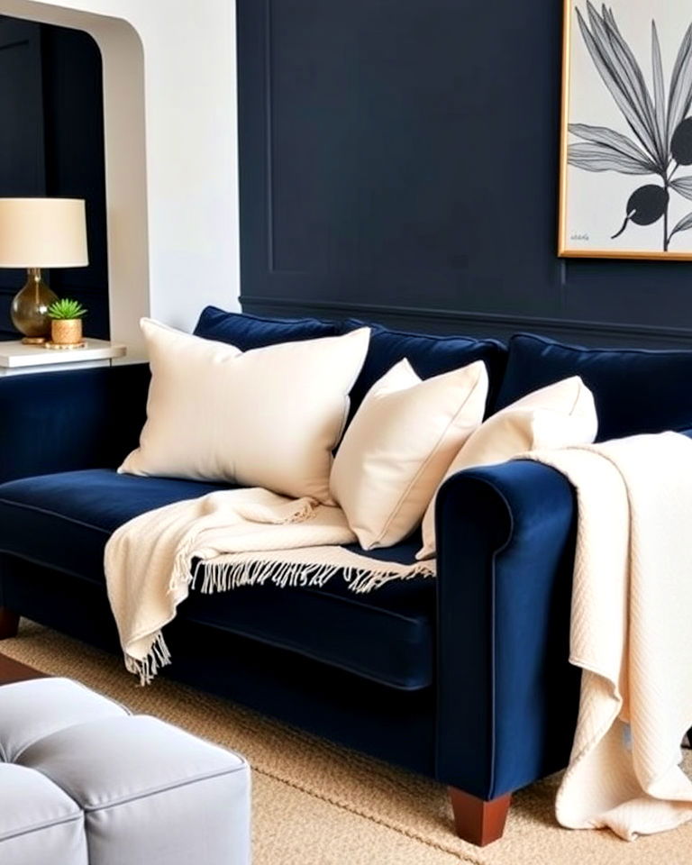 living room with navy sofa and cream pillows - 25 Navy and Cream Living Room Ideas