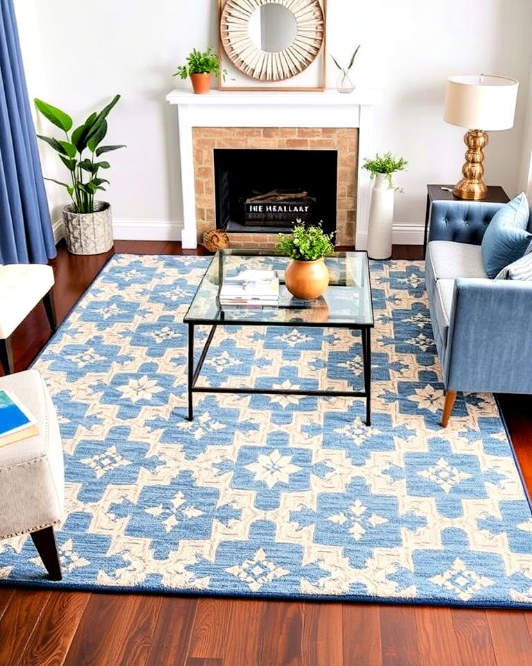 living room with patterned blue and beige rug - 20 Blue and Beige Living Room Ideas