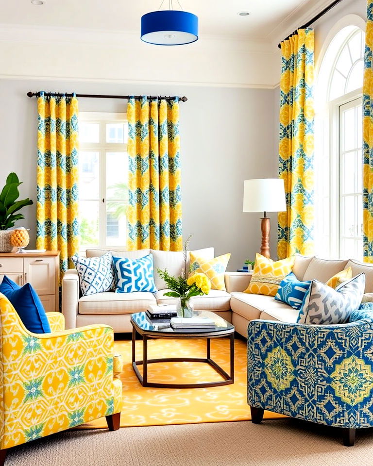 living room with patterned blue and yellow fabrics - 15 Yellow and Blue Living Room Ideas