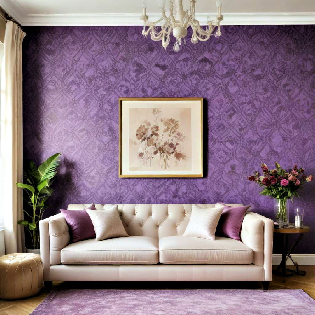 living room with patterned purple wallpaper - 25 Purple Living Room Ideas