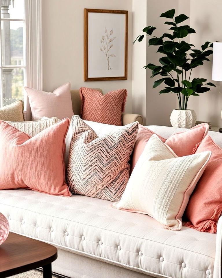 living room with pink and grey throw pillows - 25 Pink and Grey Living Room Ideas