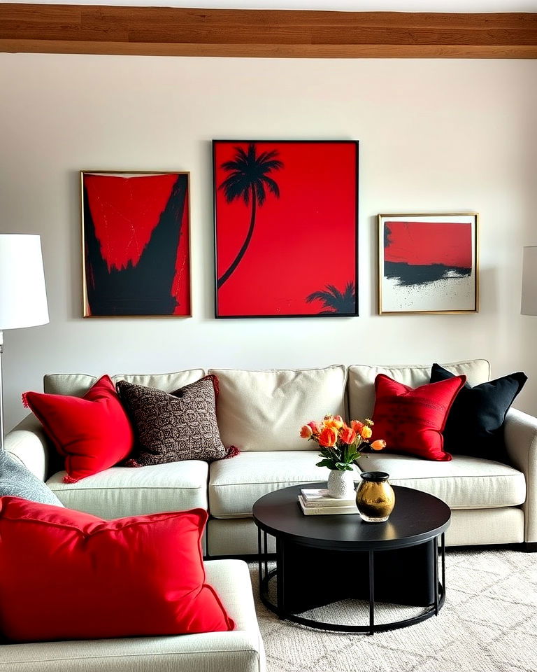 living room with red and black throw pillows - 25 Black and Red Living Room Ideas