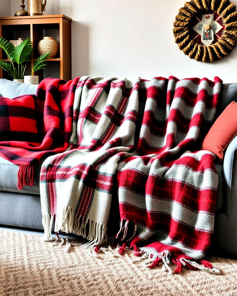 living room with red and grey plaid throws - 25 Red and Grey Living Room Ideas