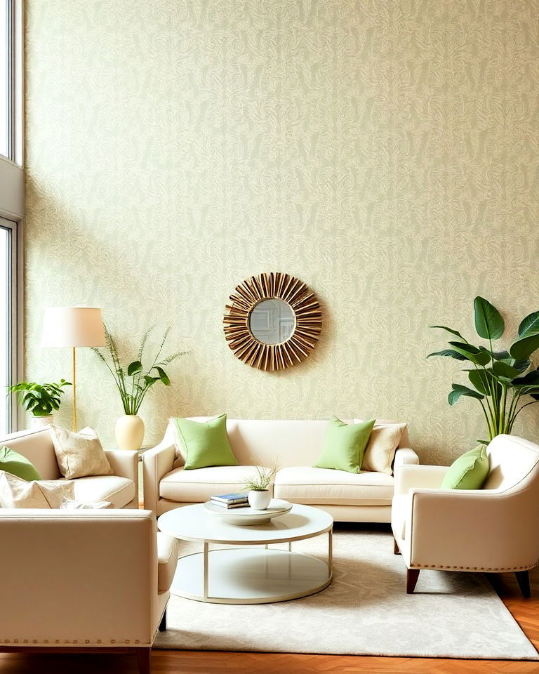living room with sage green and cream wallpaper accent wall - 25 Sage Green and Cream Living Room Ideas
