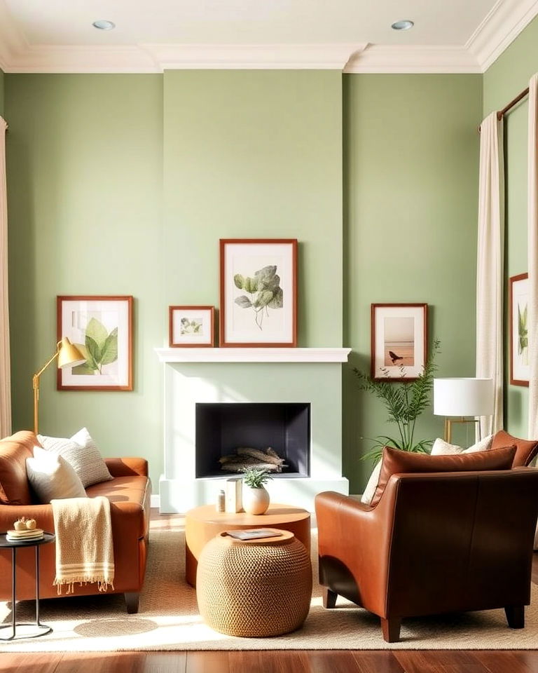 living room with sage green walls - 20 Sage Green and Brown Living Room Ideas