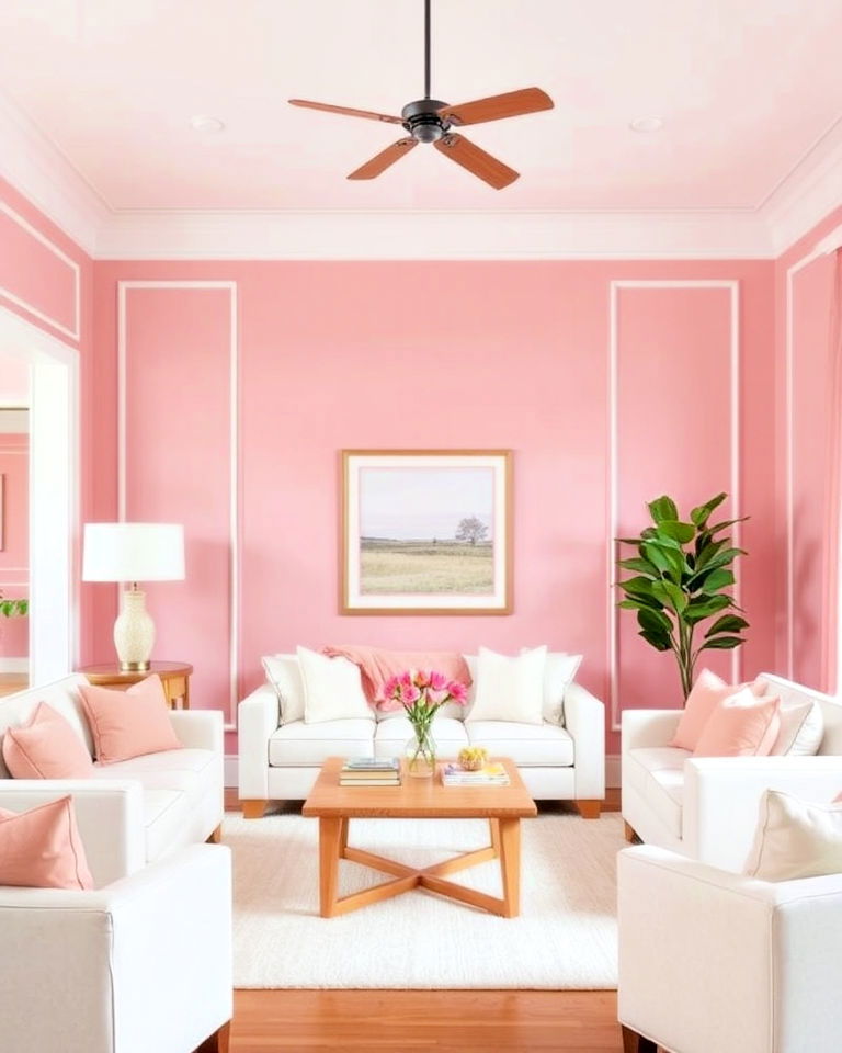 living room with soft pink accent walls - 20 Pink and White Living Room Ideas
