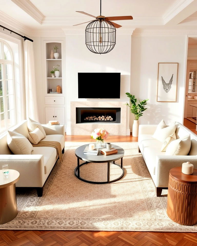 living room with statement beige rug - 20 Beige and White Living Room Ideas
