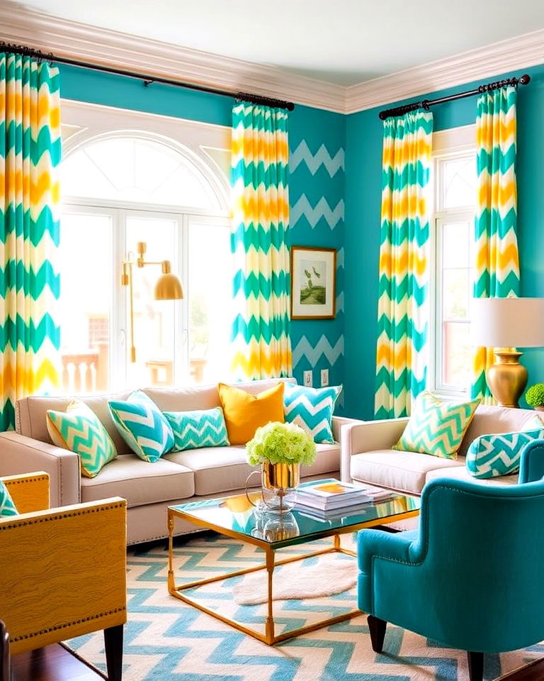 living room with teal and yellow chevron patterns - 25 Teal and Yellow Living Room Ideas