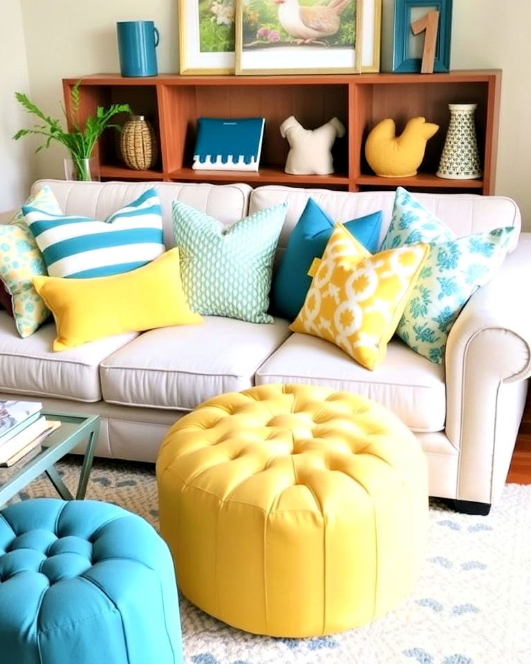 living room with teal and yellow throw pillows - 25 Teal and Yellow Living Room Ideas