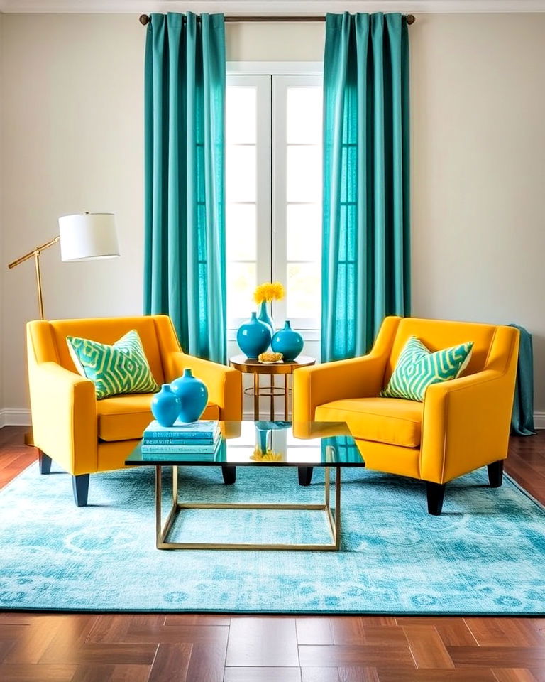 living room with teal rug and yellow armchairs - 25 Teal and Yellow Living Room Ideas