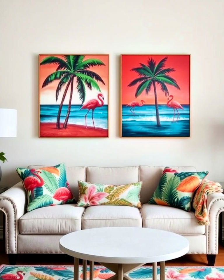 living room with tropical artwork and prints - 25 Tropical Living Room Ideas