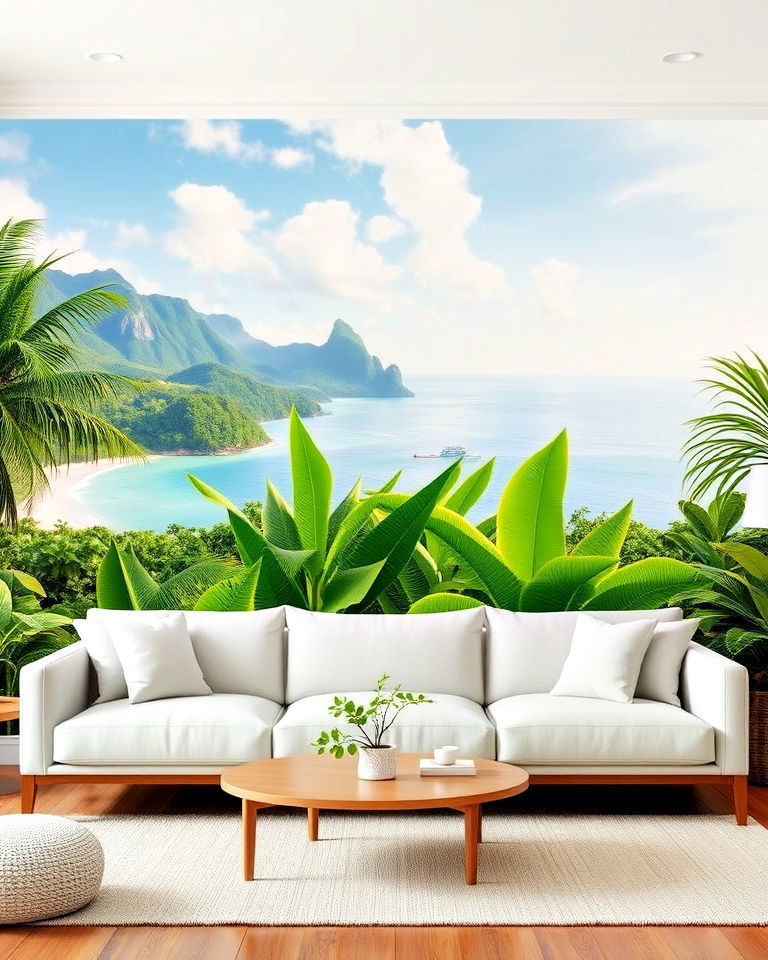 living room with tropical themed wall murals - 25 Tropical Living Room Ideas