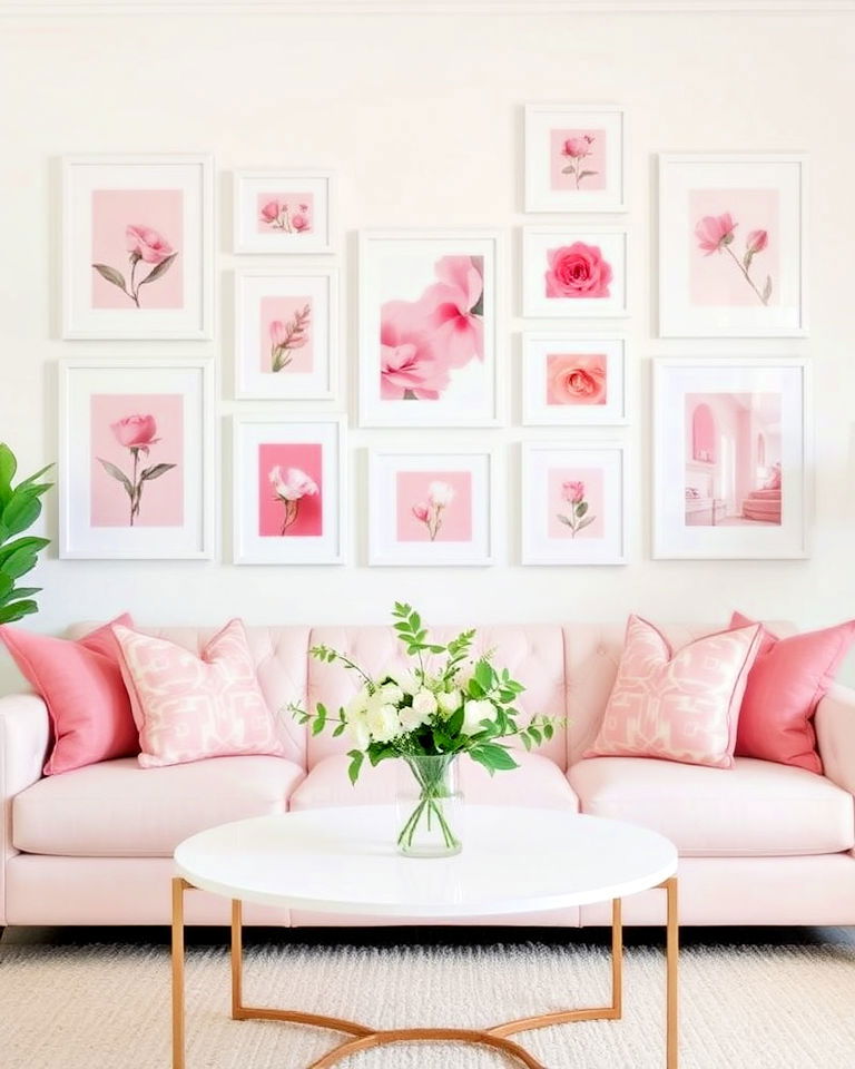 living room with white frames and pink artwork - 20 Pink and White Living Room Ideas