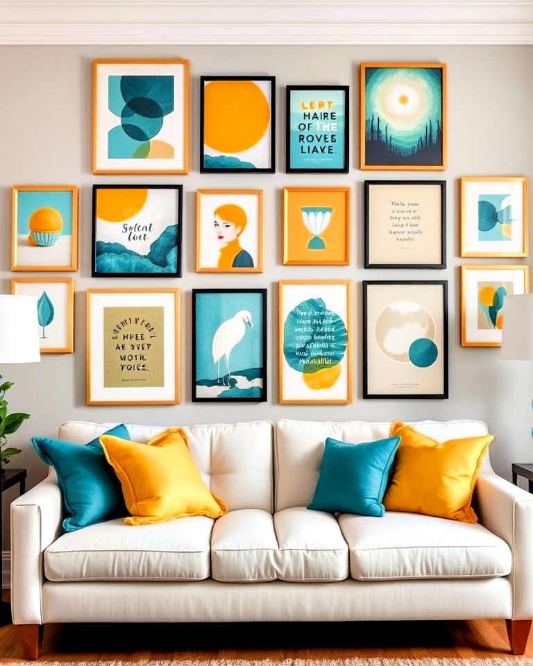 living room with yellow and teal gallery wall - 25 Teal and Yellow Living Room Ideas