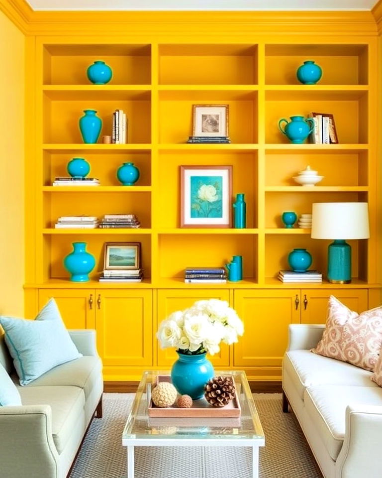 living room with yellow bookshelves and teal accents - 25 Teal and Yellow Living Room Ideas