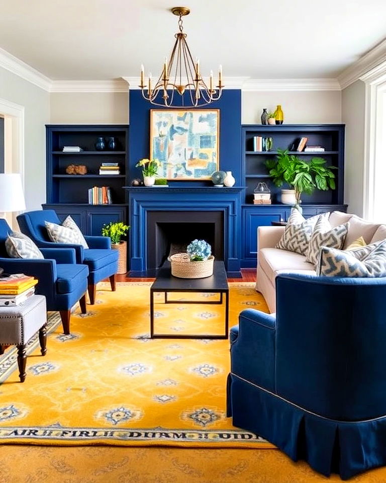 living room with yellow rug to ground blue decor - 15 Yellow and Blue Living Room Ideas