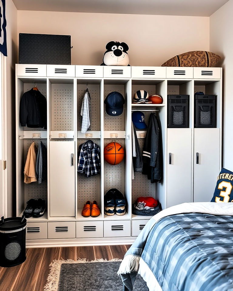 locker style storage cabinet for basketball room decor - 25 Basketball Room Decor Ideas