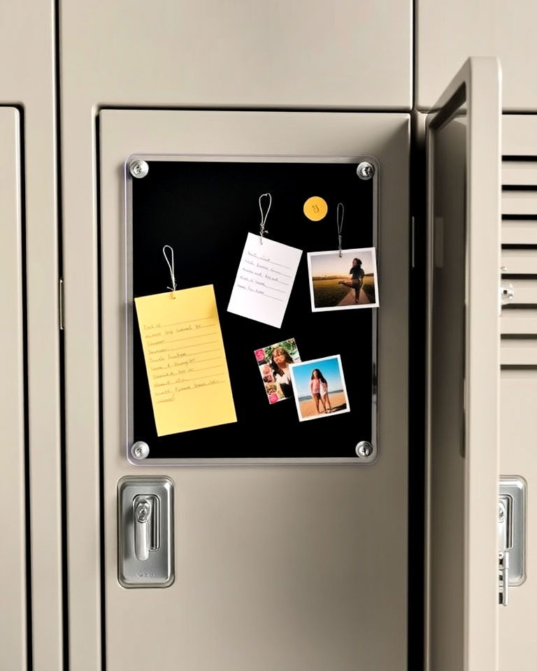 locker with mini bulletin board - 30 Locker Decor Ideas